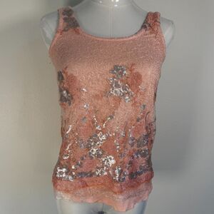 Emma Rose Tank Top Women Sequin Floral Lace Peach Size S